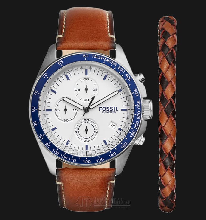 Fossil CH3090SET Men Sport 54 Chronograph White Dial Gift Set with Bracelet Leather Strap