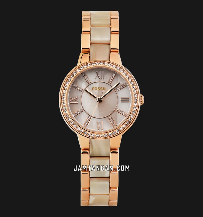 Fossil Virginia ES3716 Rose Tone & Horn Acetate Dial Dual Tone Stainless Steel With Ceramic Strap