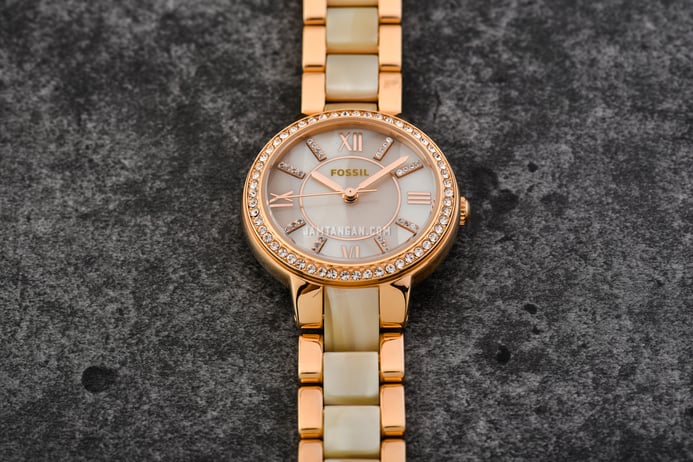 Fossil Virginia ES3716 Rose Tone & Horn Acetate Dial Dual Tone Stainless Steel With Ceramic Strap