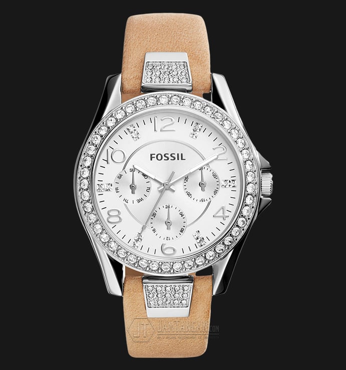 Fossil Riley ES3889 Ladies Multifunction White Dial Light Brown Leather Strap
