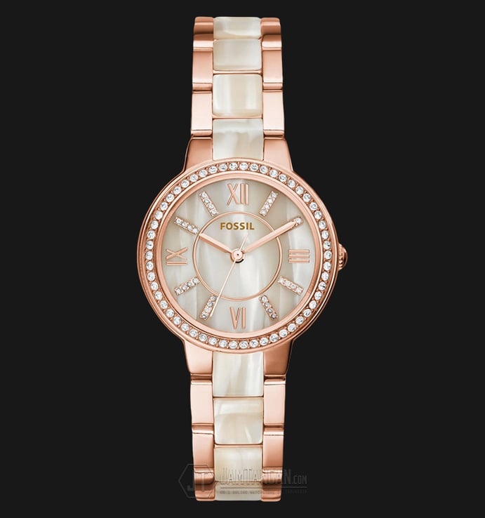 Fossil Virginia ES3965 Ladies White Mother Of Pearl Dial Rose Gold Stainless Steel Strap