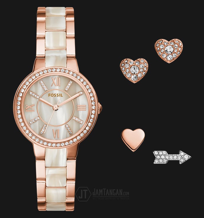 Fossil Virginia ES3965SET Ladies White Dial Rose Gold Stainless Steel Strap + Earring Set