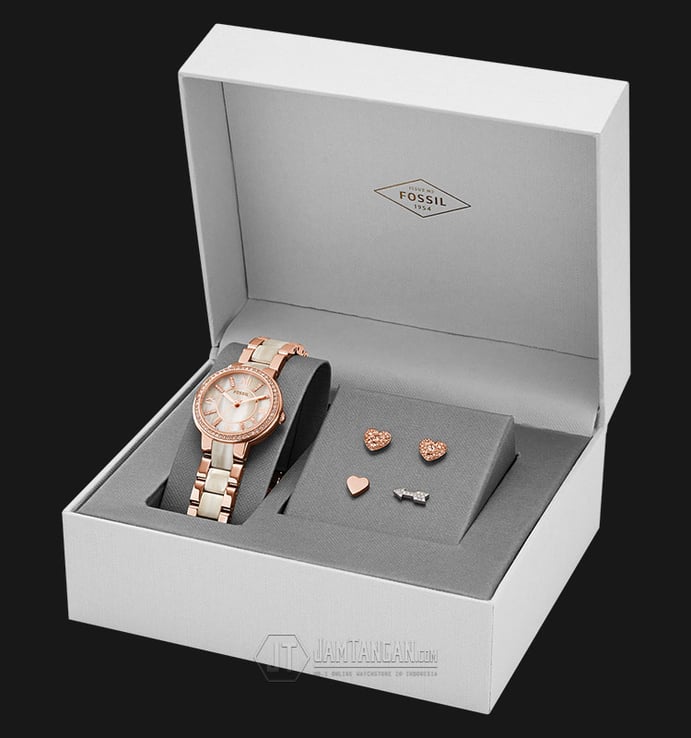 Fossil Virginia ES3965SET Ladies White Dial Rose Gold Stainless Steel Strap + Earring Set