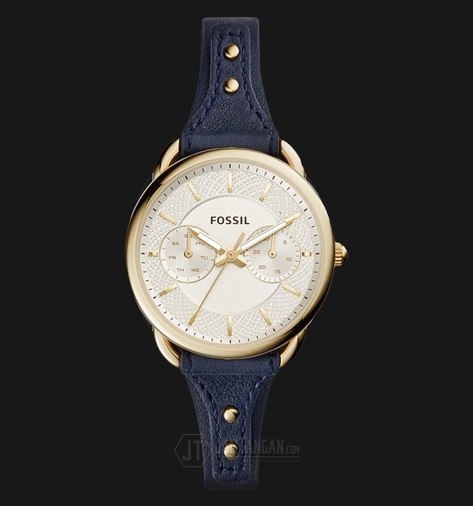 Fossil ES4051 Gold Tone Dial Tailor Multifunction Indigo Dyed Leather Strap