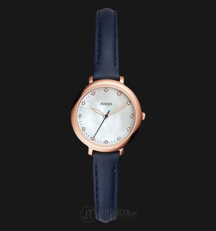 Fossil ES4083 Jacqueline Mini Pearl Dial Rosegold Blue Leather Strap Watch