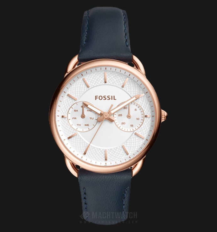 Fossil ES4260 Tailor Multifunction Ladies White Dial Rose Gold Case Dark Blue Leather Strap