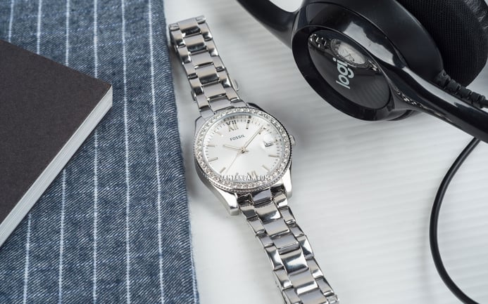 Fossil Scarlette ES4317 Crystal White Dial Stainless Steel Strap