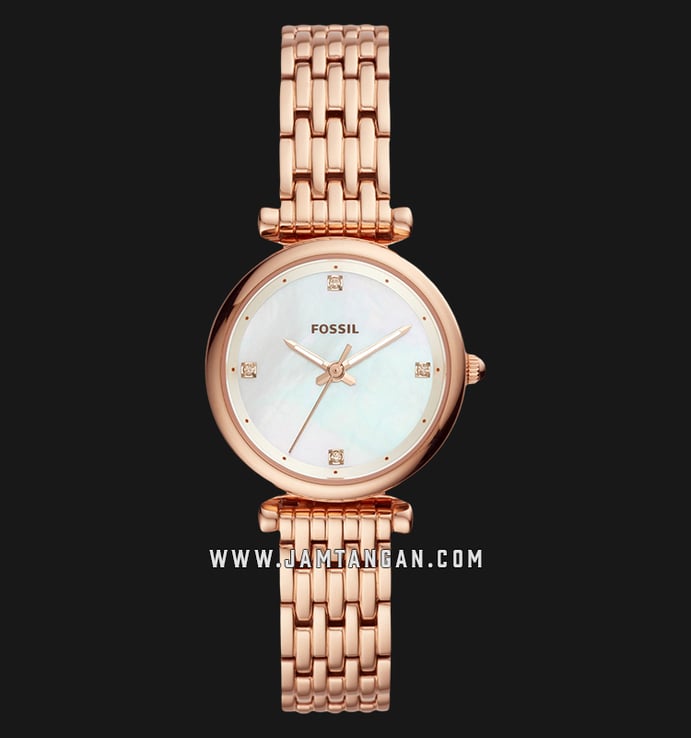 Fossil ES4429 Carlie Mini Ladies White Mother of Pearl Dial Rose Gold Stainless Steel Strap