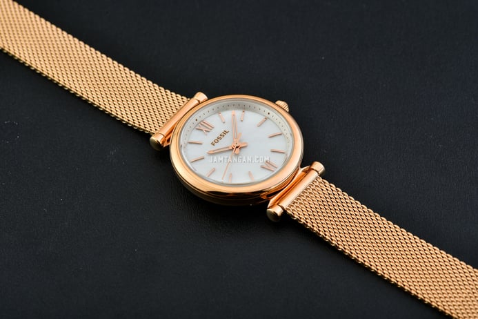 Fossil Carlie ES4433 Ladies White Mother Of Pearl Dial Rose Gold Mesh Strap
