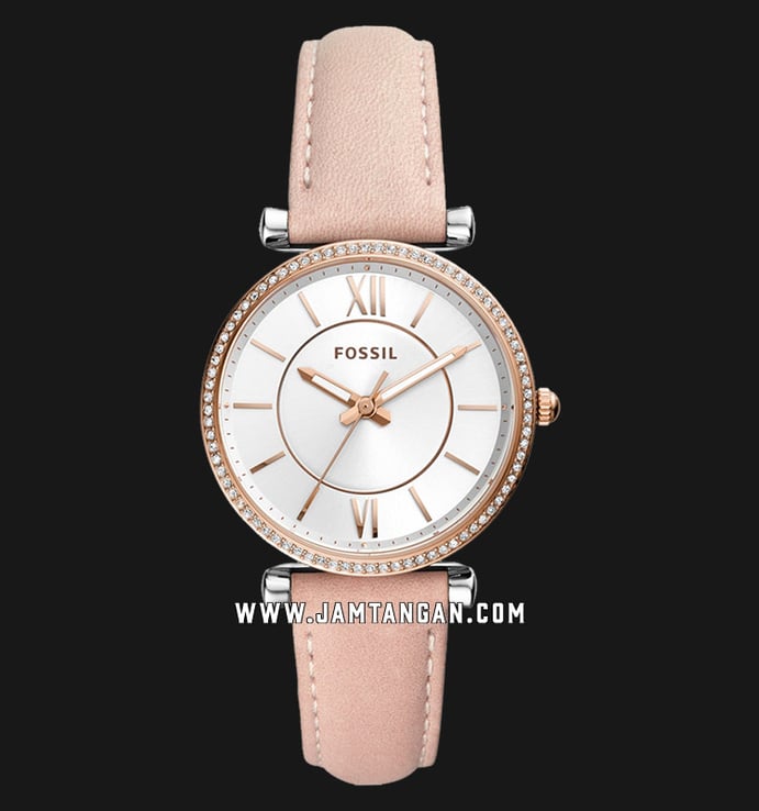 Fossil Carlie ES4484 Silver Dial Cream Leather Strap