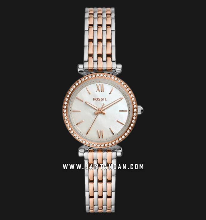 Fossil Carlie Mini ES4649 Ladies White Mother Of Pearl Dial Dual Tone Stainless Steel Strap