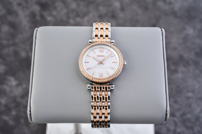 Fossil Carlie Mini ES4649 Ladies White Mother Of Pearl Dial Dual Tone Stainless Steel Strap