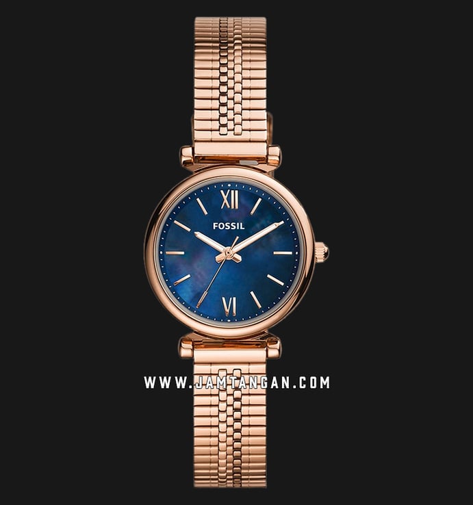 Fossil Carlie Mini ES4693 Ladies Blue Mother Of Pearl Dial Rose Gold Stainless Steel Strap