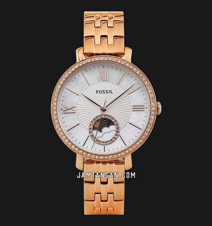 Fossil Jacqueline ES5165 Sun Moon Mother Of Pearl Dial Rose Gold Stainless Steel Strap