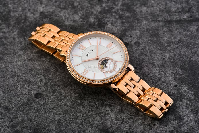 Fossil Jacqueline ES5165 Sun Moon Mother Of Pearl Dial Rose Gold Stainless Steel Strap