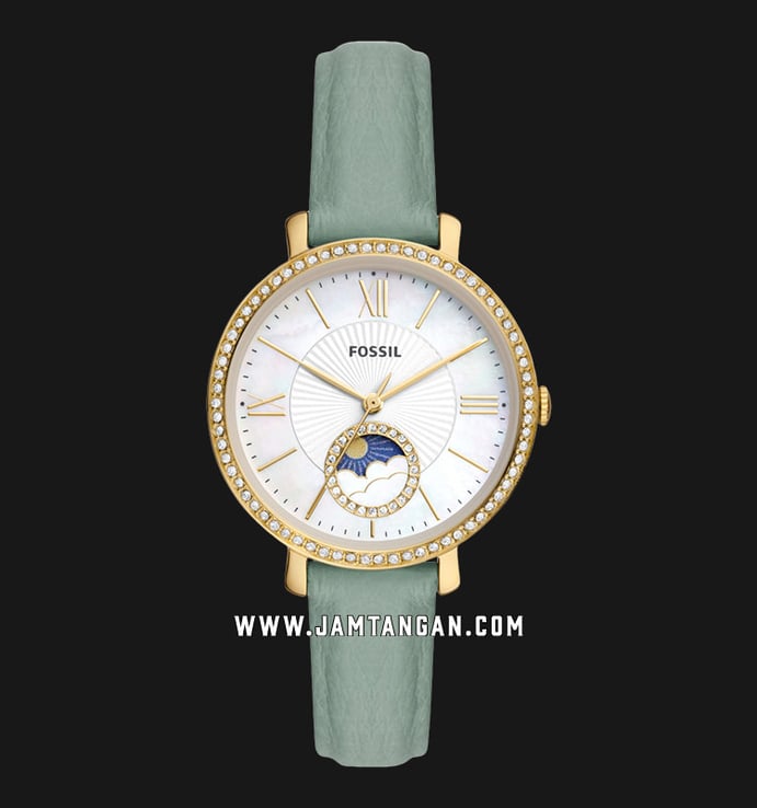 Fossil Jacqueline ES5168 Sun Moon White Mother Of Pearl Dial Green Leather Strap