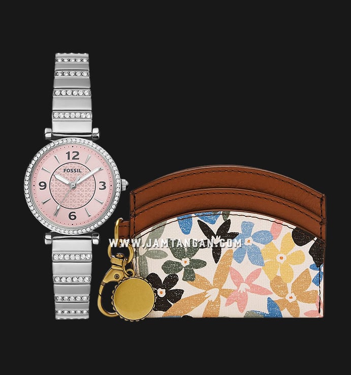  Fossil Carlie ES5182SET Ladies Pink Dial Stainless Steel Strap + Polly Card Case Box Set