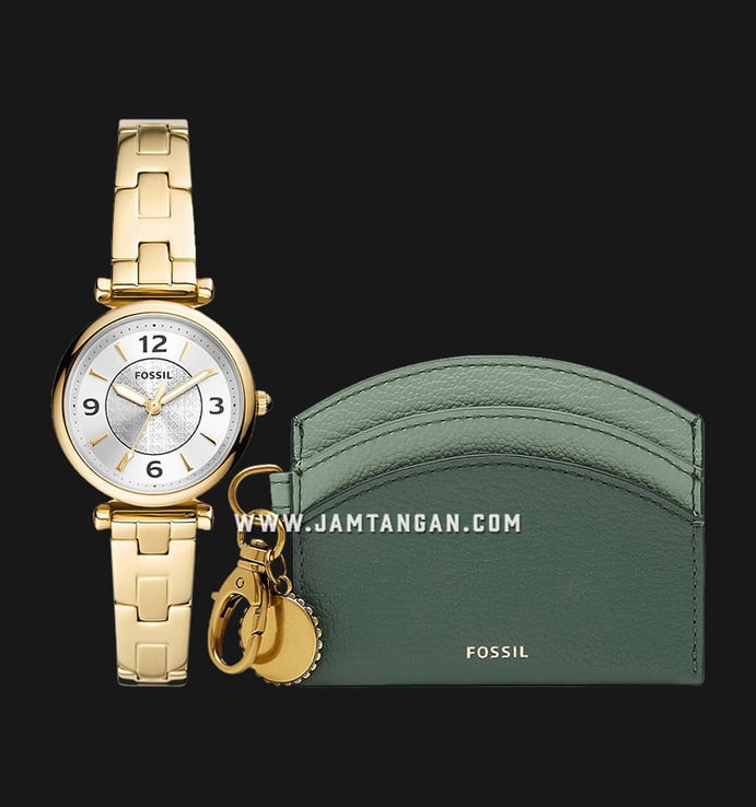 Fossil Carlie ES5183SET Ladies Silver Dial Gold Stainless Steel Strap + Polly Card Case Box Set