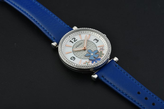 Fossil Carlie ES5188 Ladies White Mother Of Pearl Floral Dial Blue Leather Strap