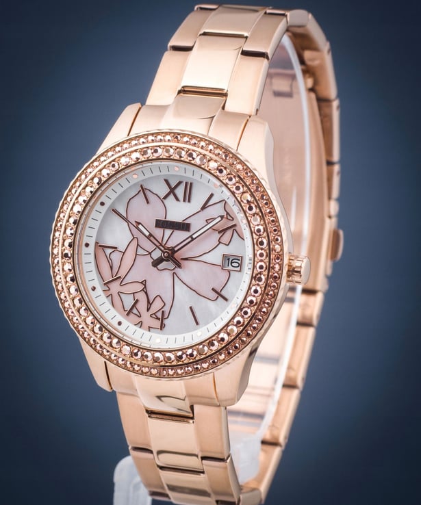 Fossil Stella ES5192 Mother of Pearl Floral Dial Rose Gold Stainless Steel Strap