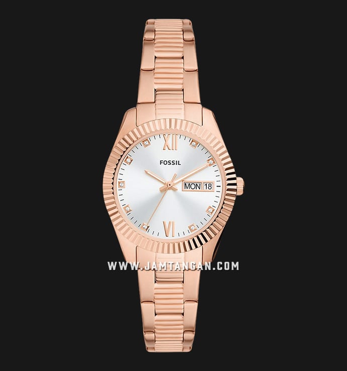 Fossil Scarlette ES5200 Ladies Silver Dial Rose Gold Stainless Steel Strap