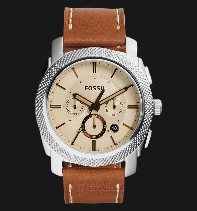 Fossil Machine FS5131 Man Chronograph Beige Dial Brown Leather Strap