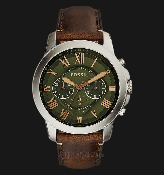 Fossil FS5153 Grant Chronograph Green Dial Brown Leather Strap Watch