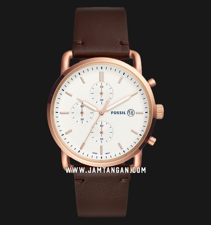 Fossil FS5476 Commuter Chronograph Men White Dial Brown Leather Strap