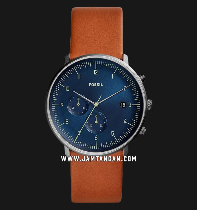 Fossil FS5486 Chase Timer Chronograph Men Blue Dial Brown Leather Strap