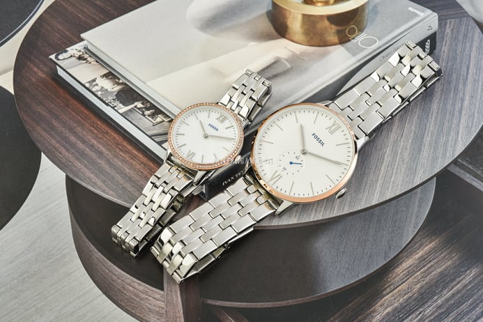 Fossil FS5562SET His And Her White Dial Stainless Steel Strap