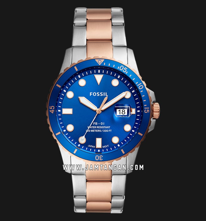 Fossil FS5654 FB-01 Mens Blue Dial Two Tone Stainless Steel Strap