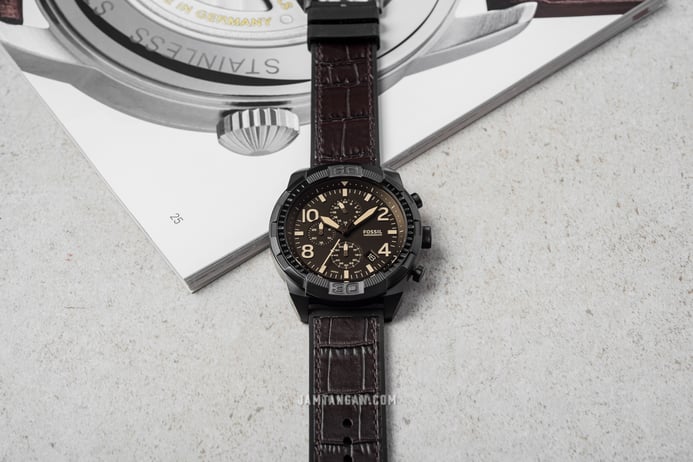 Fossil Bronson FS5713 Chronograph Men Black Dial Brown Croco Leather and Rubber Strap