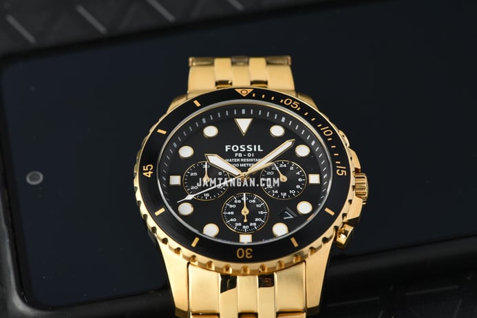 Fossil FB-01 FS5836 Chronograph Men Black Dial Gold Stainless Steel Strap
