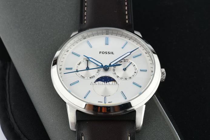 Fossil Neutra FS5905 Moonphase Men Silver Dial Dark Brown Leather Strap