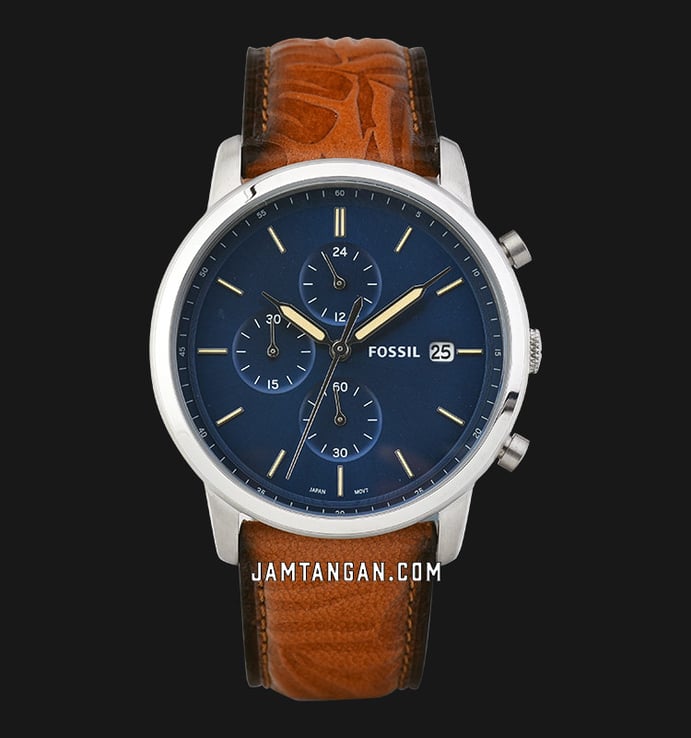 Chronograph Minimalist Fossil FS5928 Leather Blue Dial Brown Strap