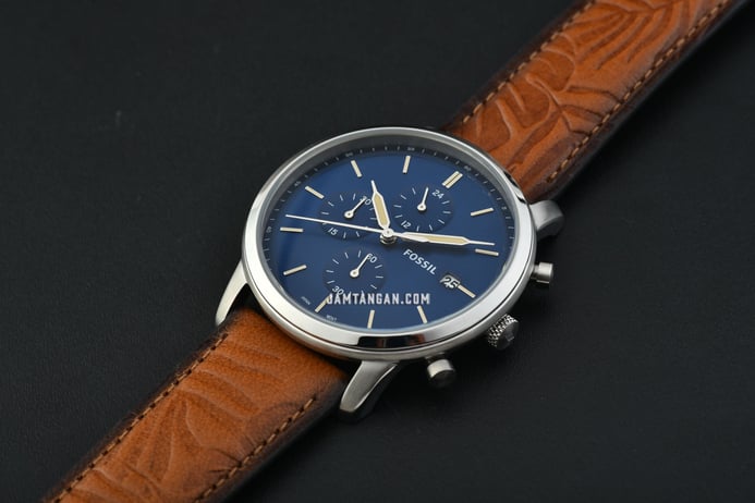 Leather Chronograph Fossil Strap Brown Dial Minimalist FS5928 Blue