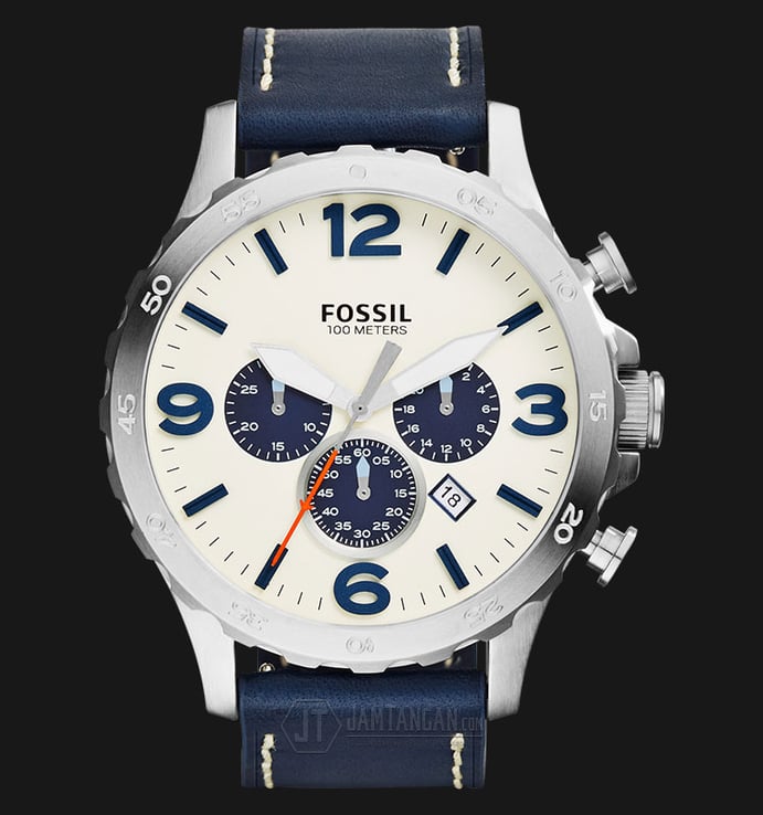 Fossil JR1480 Nate Chronograph Navy Leather Strap Watch