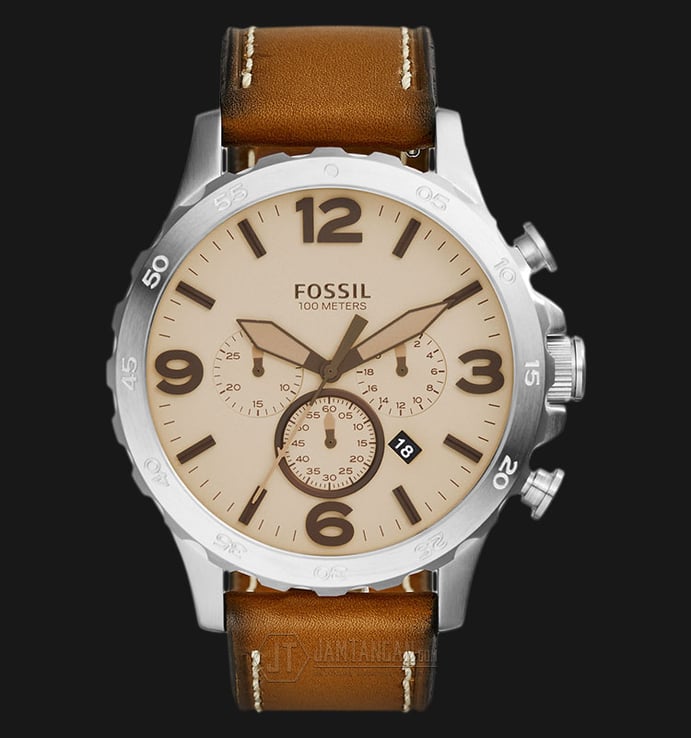 Fossil JR1503 Nate Chronograph Beige Dial Light Brown Leather Strap Watch