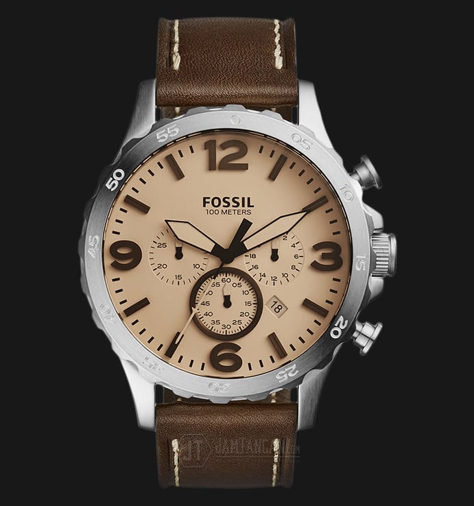 Fossil JR1512 Nate Chronograph Beige Dial Brown Leather Strap Watch