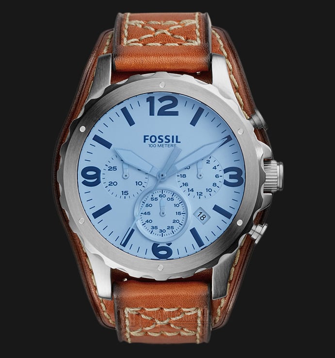 Fossil JR1515 Nate Chronograph Silver Dial Light Brown Leather Strap Watch