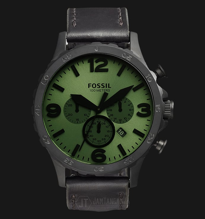 Fossil JR1519 Nate Chronograph Analog Green Dial Black Leather Strap Watch