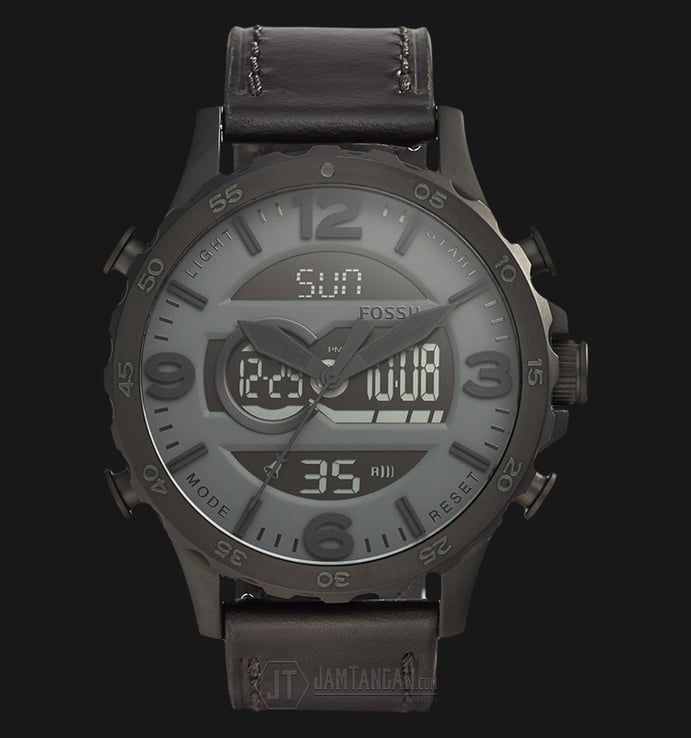 Fossil JR1520 Nate Men Digital Analog Black Dial Black Leather Strap Watch