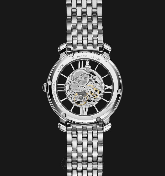 Fossil ME3059 Ladies Curiosity Automatic Silver Skeleton Dial Stainless Steel Strap