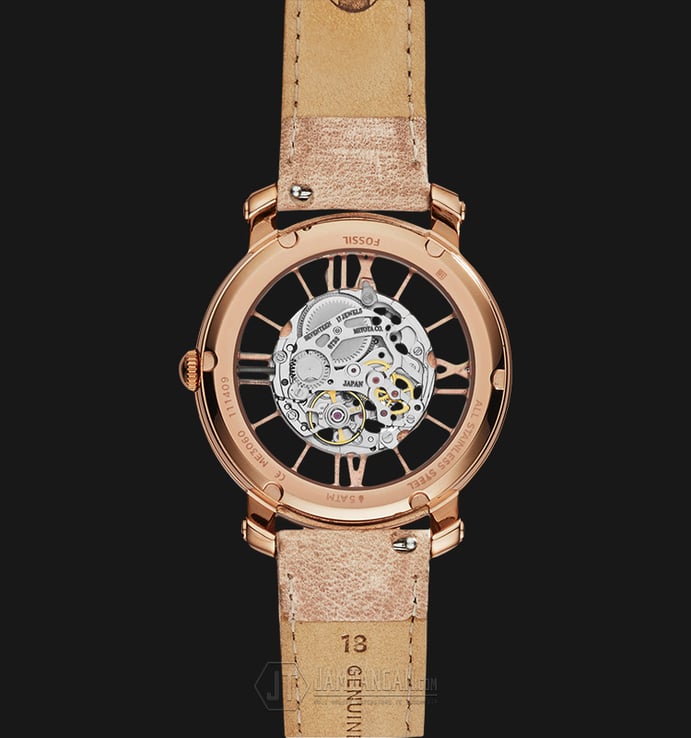 Fossil ME3060 Ladies Curiosity Automatic Rose Gold Skeleton Dial Beige Leather Strap