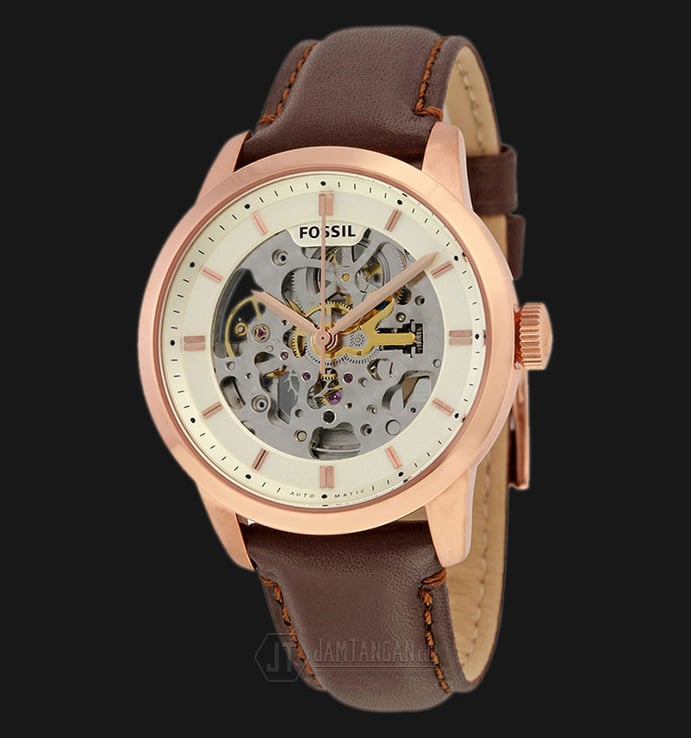 Fossil ME3078 Automatic Townsman Beige Skeleton Dial RoseGold Tone Leather Strap