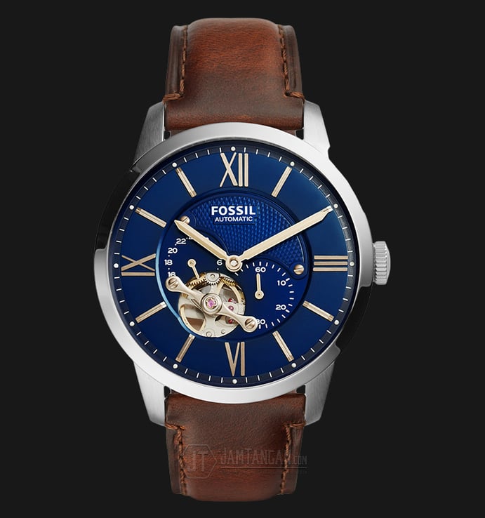 Fossil Townsman ME3110 Men Automatic Open Heart Blue Dial Brown Leather Strap