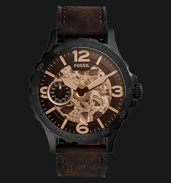Fossil ME3127 Nate Hand-Wound Mechanical Rosegold Dial Dark Brown Leather