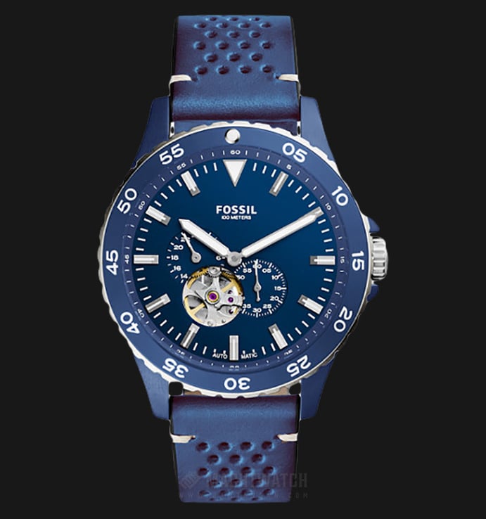Fossil ME3149 Men Crewmaster Sport Automatic Blue Skeleton Dial Blue Leather Strap