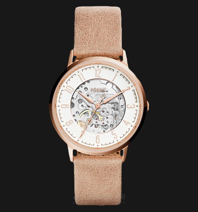 Fossil ME3152 Vintage Muse Automatic Men White Skeleton Dial Rose Gold Case Sand Leather Strap