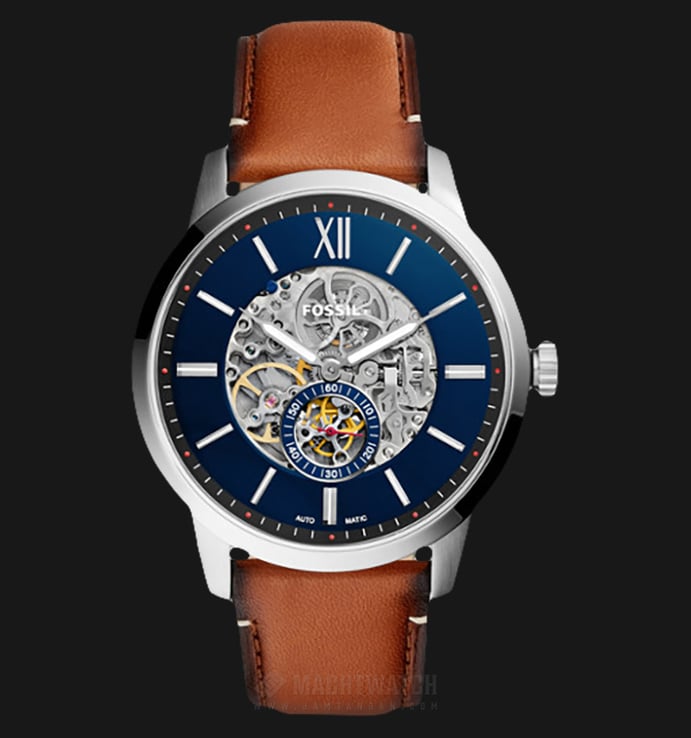Skeleton Brown Automatic Blue Fossil Light Dial Townsman Strap Leather ME3154